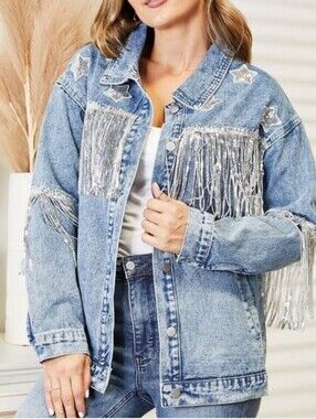 Fantastic Fawn Denim Jacket Small Silver Fringe Stars Western 100% Cotton